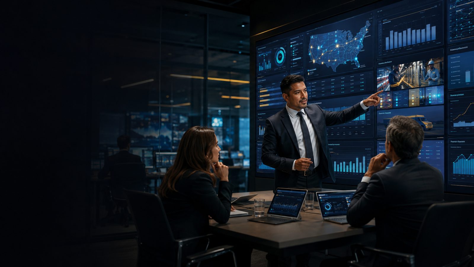 Ejecutivo presentando un tablero empresarial con mapa e indicadores clave ante su equipo directivo