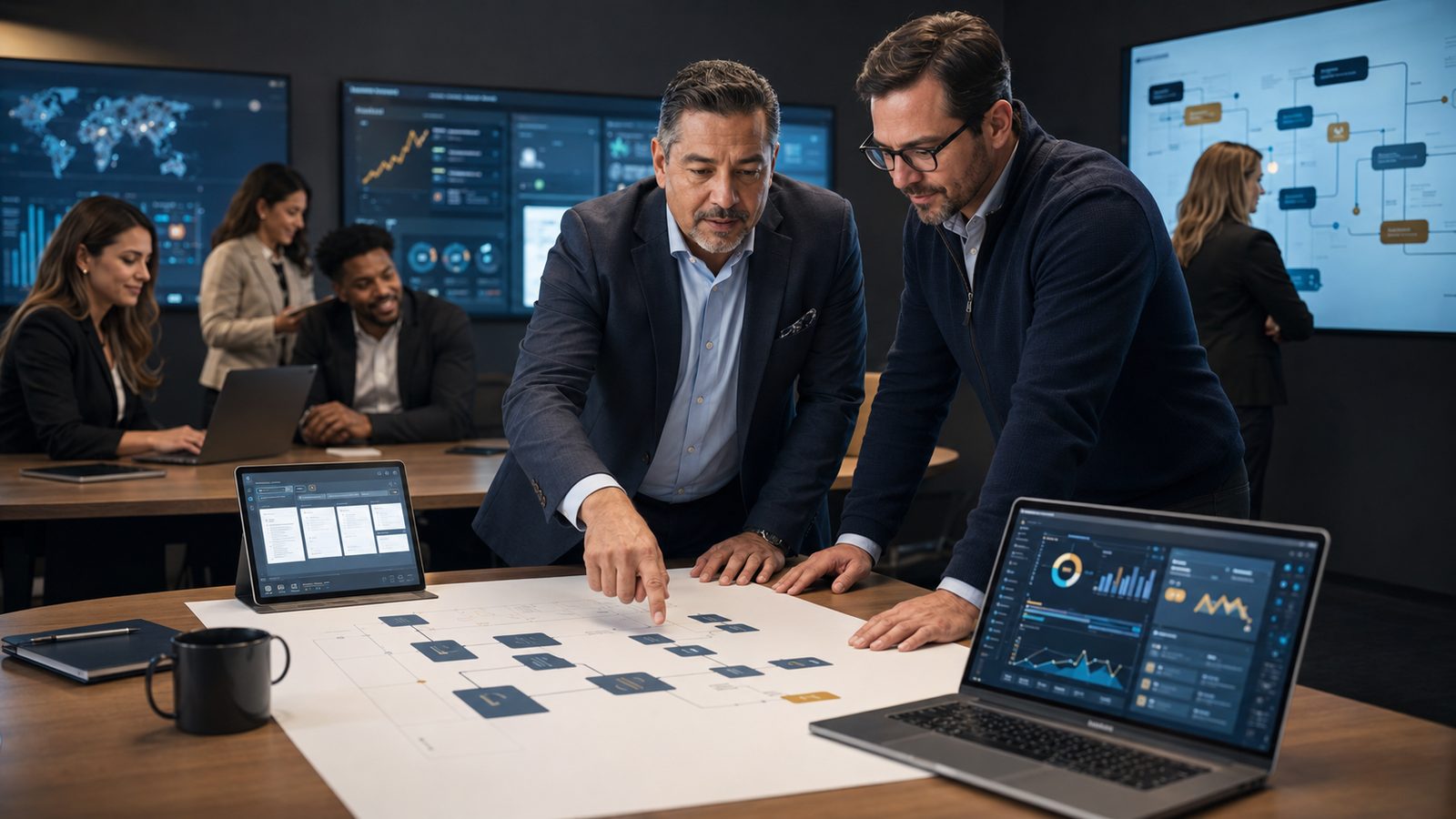 Dos consultores analizando el diagrama de un proceso en papel junto a una laptop con tablero de indicadores