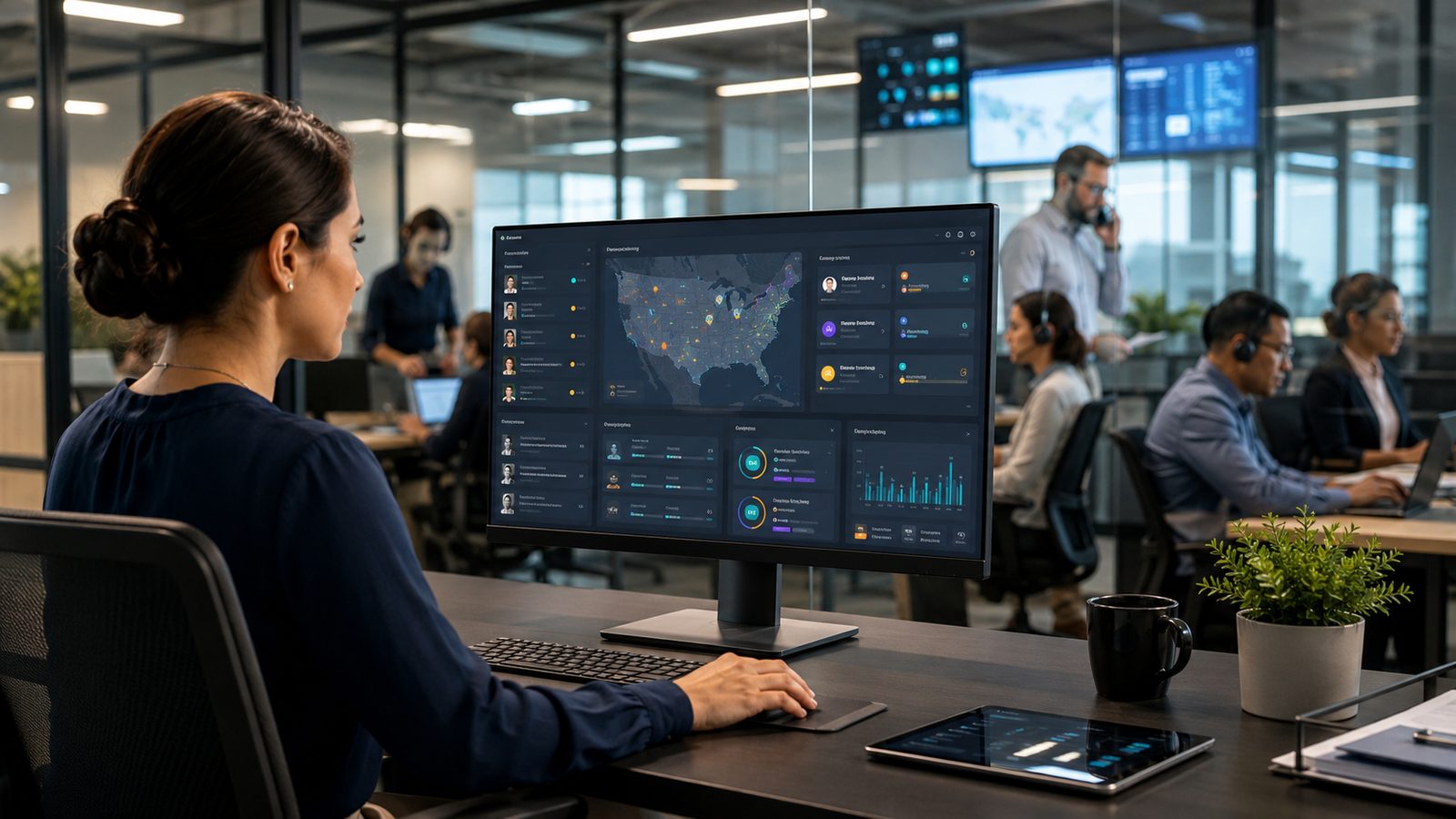Analista trabajando en una plataforma de control con expedientes de personal y mapa de ubicaciones