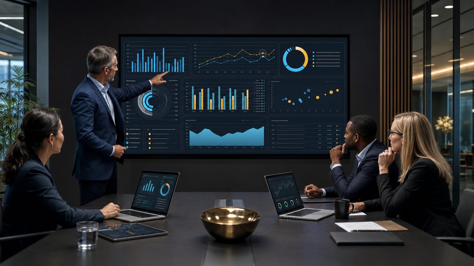 Junta directiva analizando un tablero de gráficas e indicadores de resultados en pantalla grande