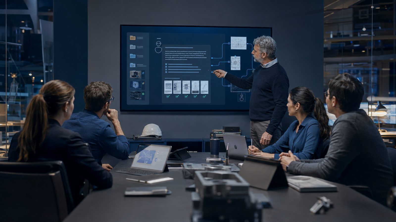Equipo revisando documentos técnicos en pantalla con apoyo de un asistente de inteligencia artificial, con un casco de obra sobre la mesa